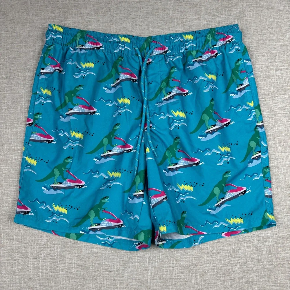 No Boundaries Mens Dinosaur Jet Ski Swim Trunks Teal Blue Graphic Shorts Large